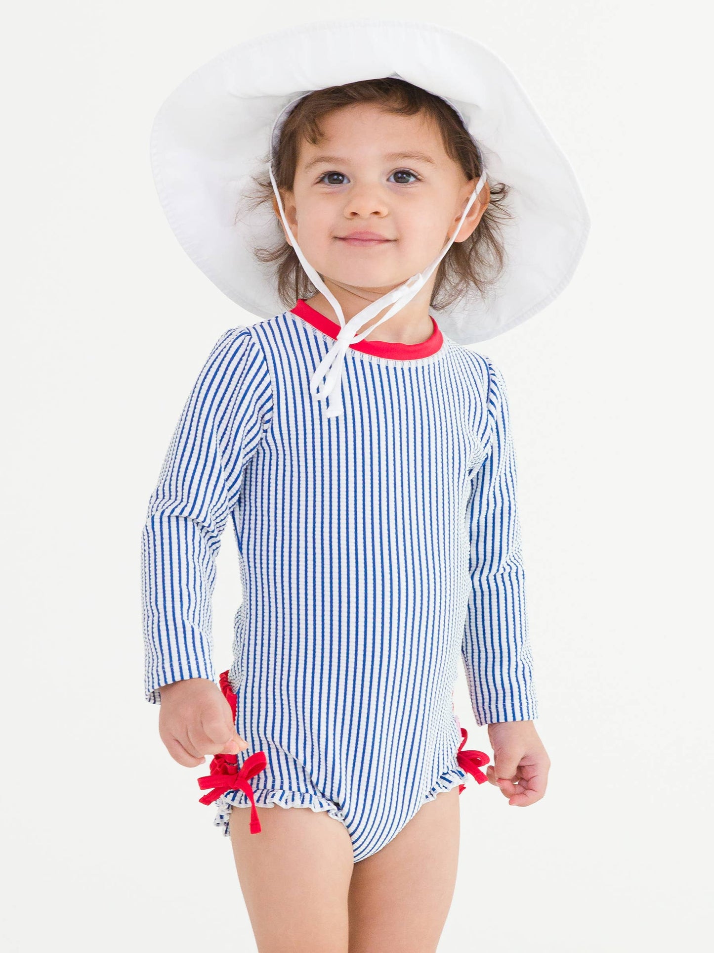 Baby Girls Blue Seersucker Long Sleeve One Piece Rash Guard Swimsuit with Signature Rear Ruffles