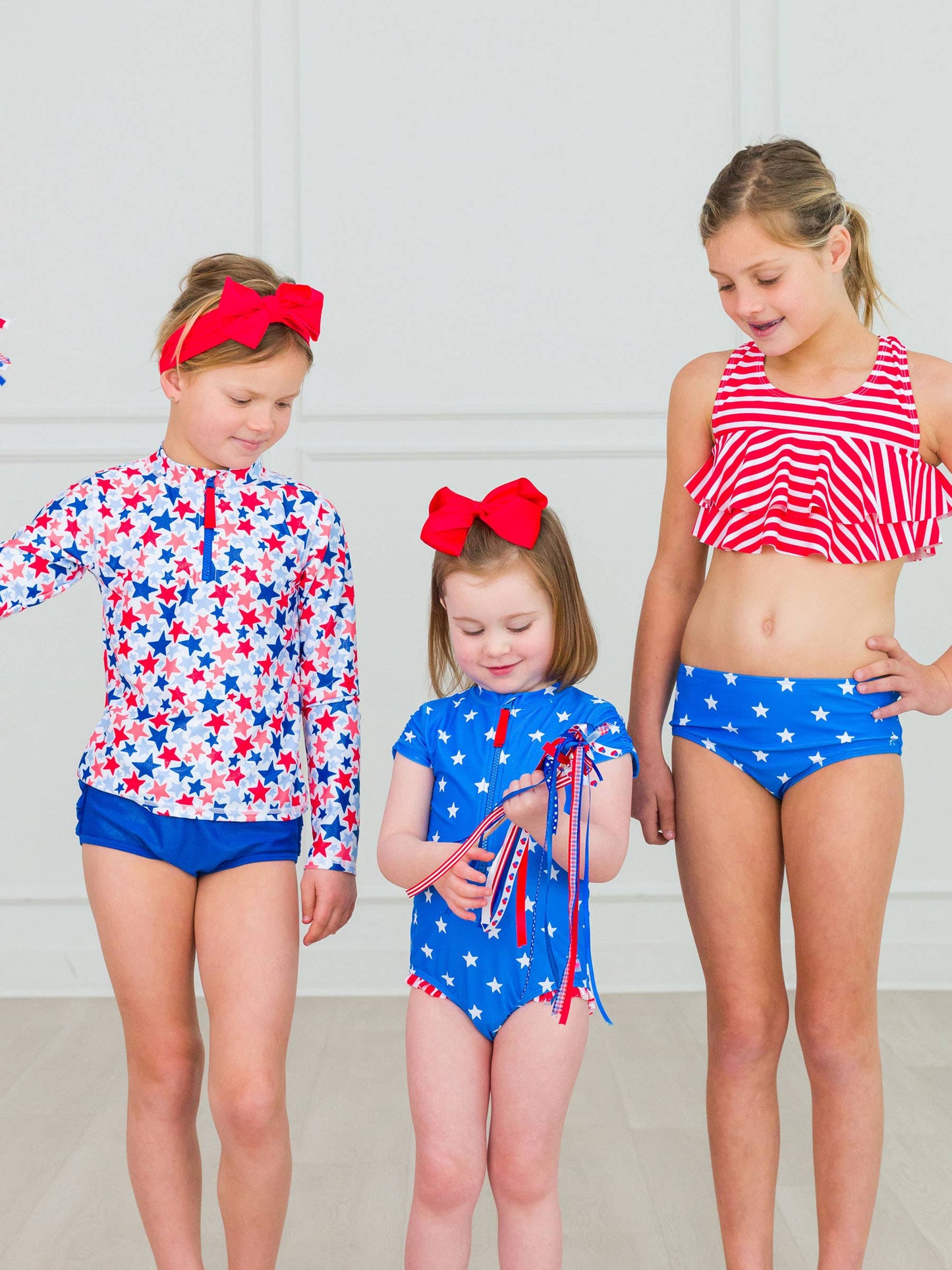 Girls Shimmer Star-Spangled Long Sleeve Zipper Rash Guard 2-Piece Swimsuit with Signature Rear Ruffles