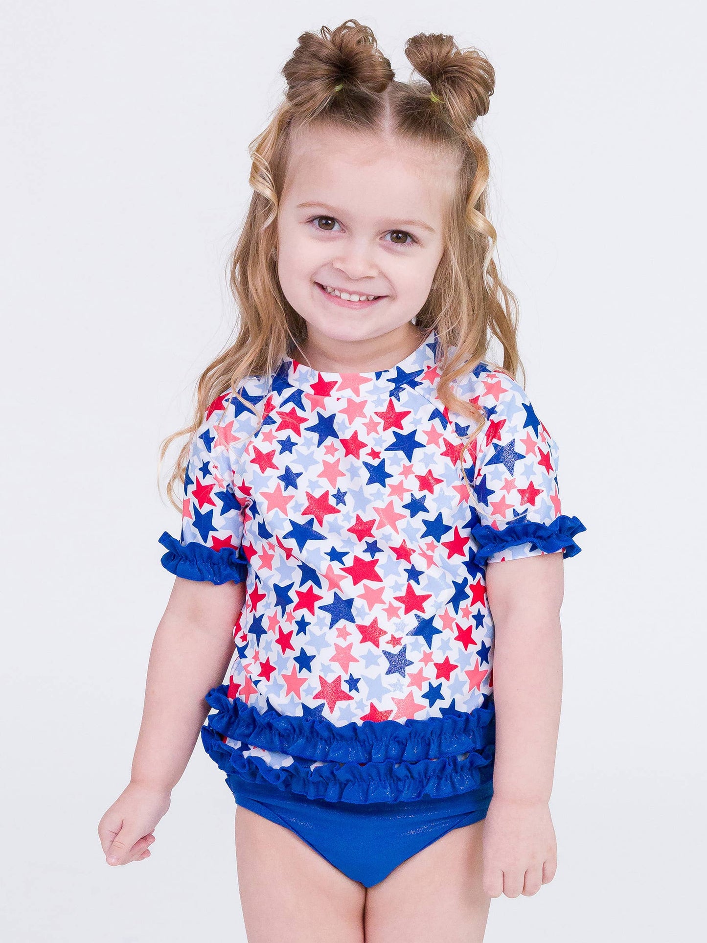 Girls Shimmer Star-Spangled Classic Short Sleeve Rash Guard 2-Piece Swimsuit with Signature Rear Ruffles