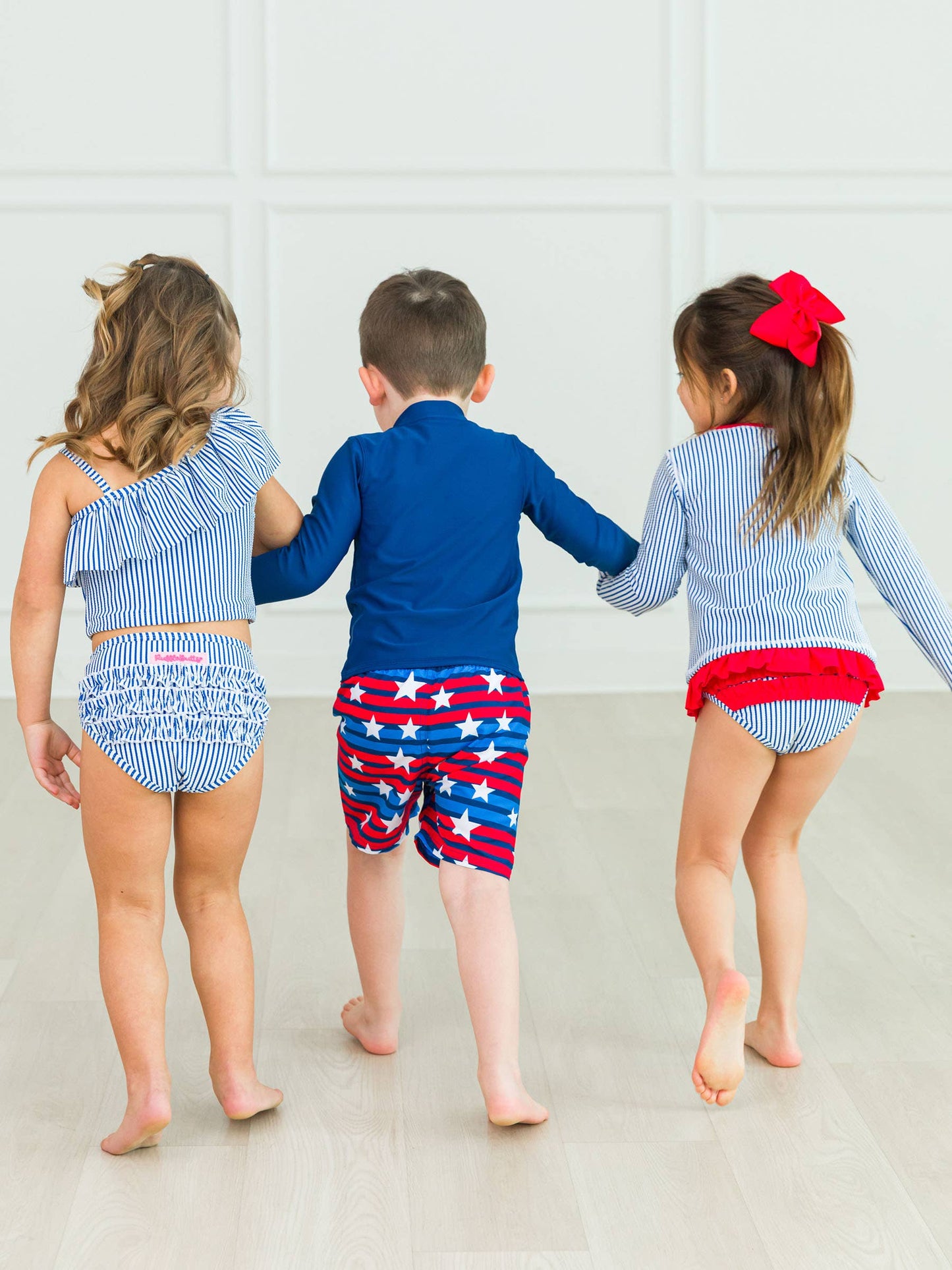 Girls Blue Seersucker Long Sleeve Rash Guard 2-Piece Swimsuit with Signature Rear Ruffles