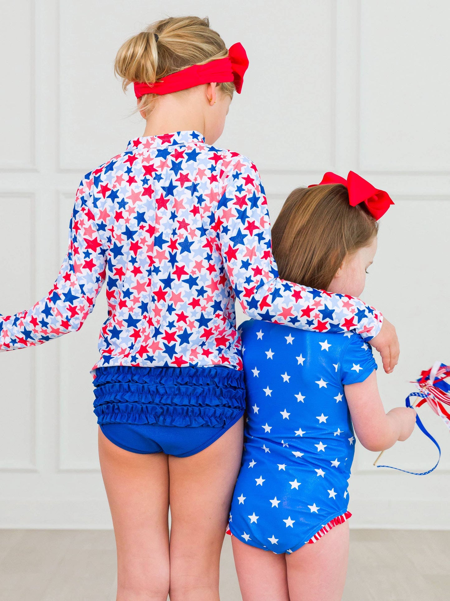 Girls Shimmer Star-Spangled Long Sleeve Zipper Rash Guard 2-Piece Swimsuit with Signature Rear Ruffles