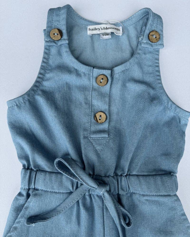 Button Front Denim Jumpsuit - Light Wash