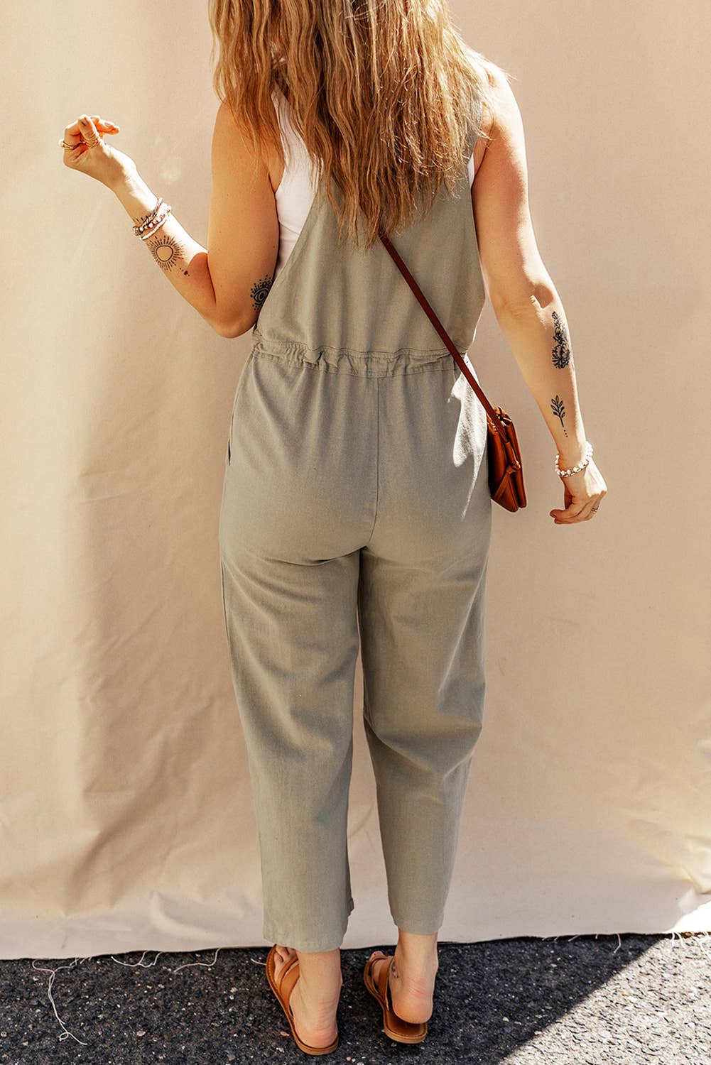 Drawstring Buttoned Straps Cropped Overall
