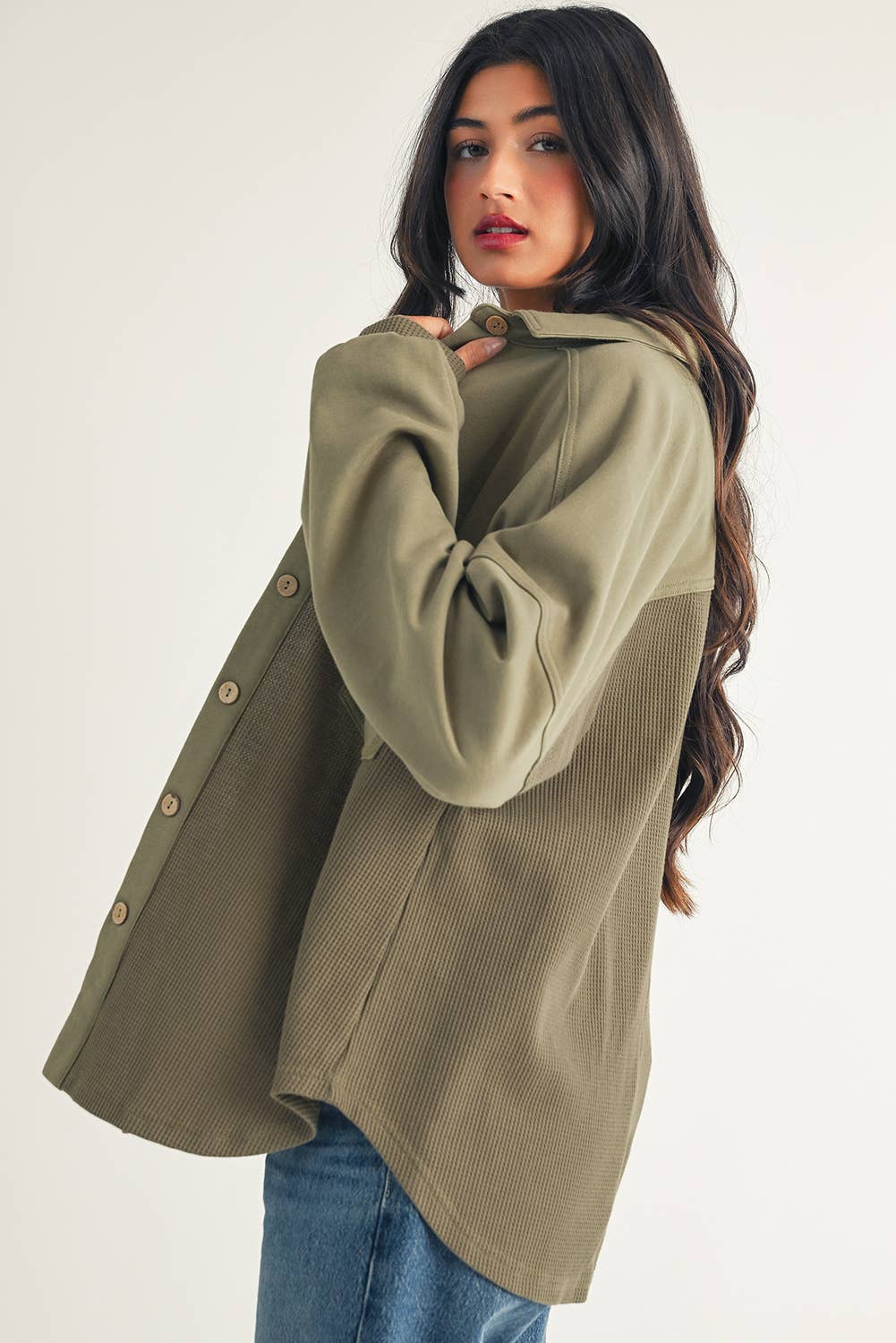 Waffle Knit Patchwork Buttoned Oversized Shacket