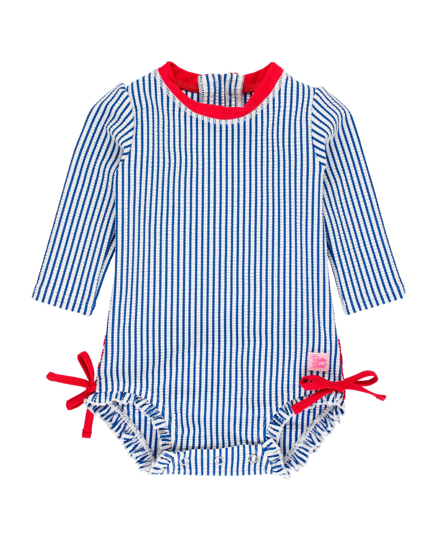 Baby Girls Blue Seersucker Long Sleeve One Piece Rash Guard Swimsuit with Signature Rear Ruffles