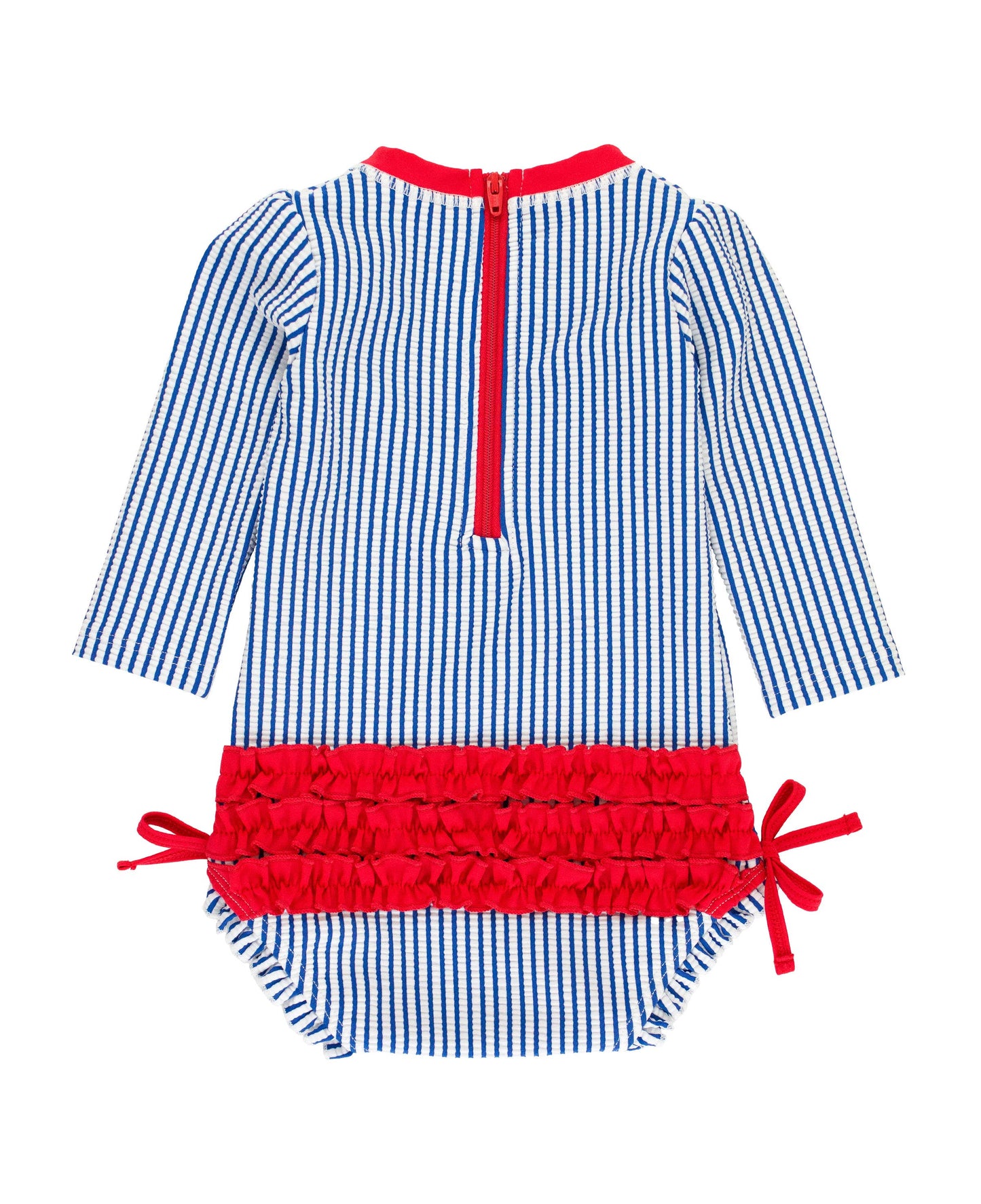 Baby Girls Blue Seersucker Long Sleeve One Piece Rash Guard Swimsuit with Signature Rear Ruffles
