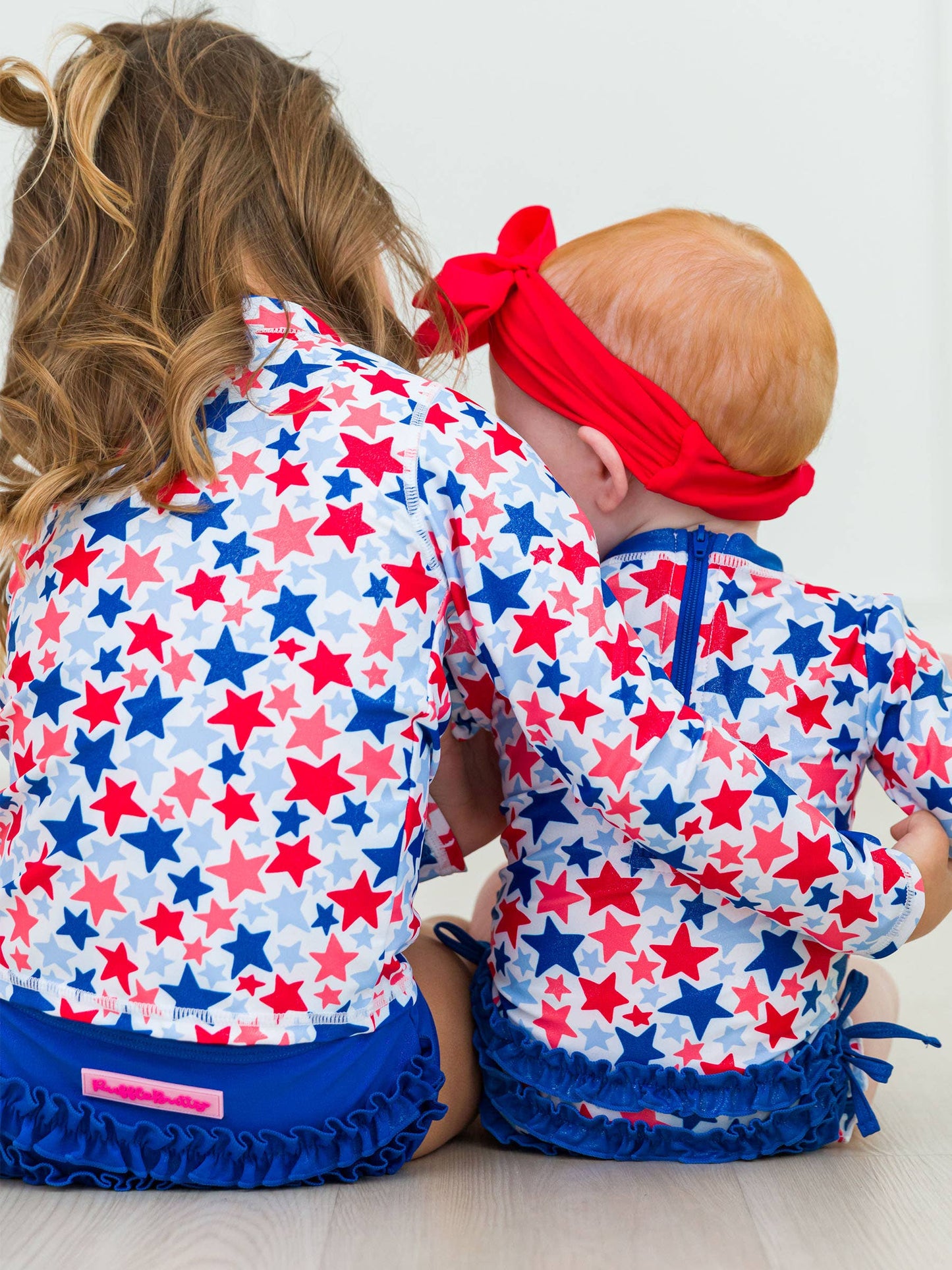 Girls Shimmer Star-Spangled Long Sleeve Zipper Rash Guard 2-Piece Swimsuit with Signature Rear Ruffles