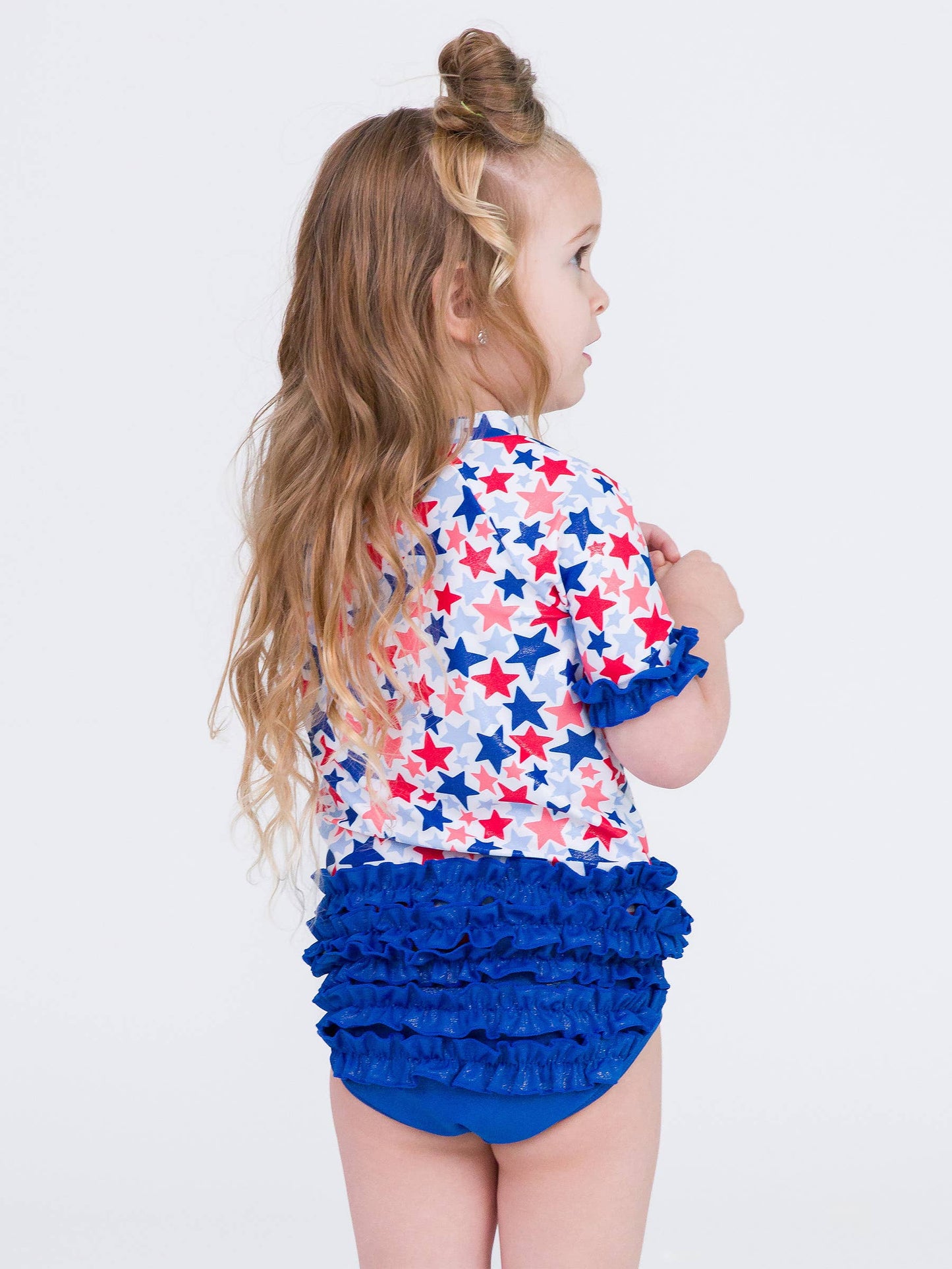Girls Shimmer Star-Spangled Classic Short Sleeve Rash Guard 2-Piece Swimsuit with Signature Rear Ruffles
