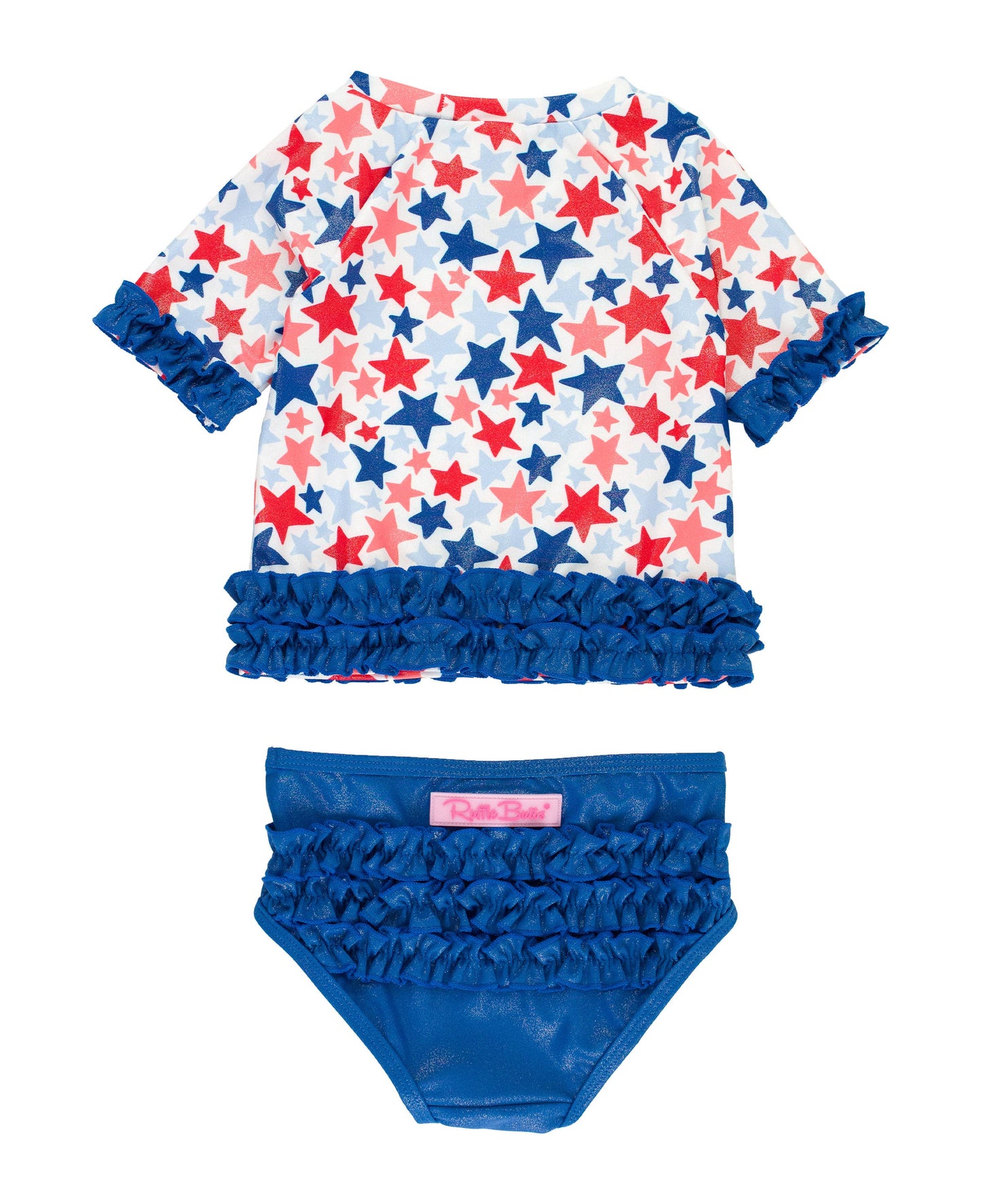 Girls Shimmer Star-Spangled Classic Short Sleeve Rash Guard 2-Piece Swimsuit with Signature Rear Ruffles