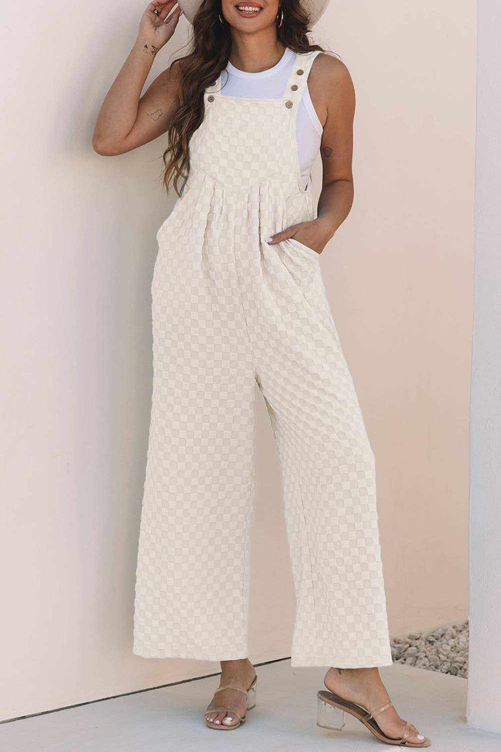 Checkered Pocketed High Waist Wide Leg Overall