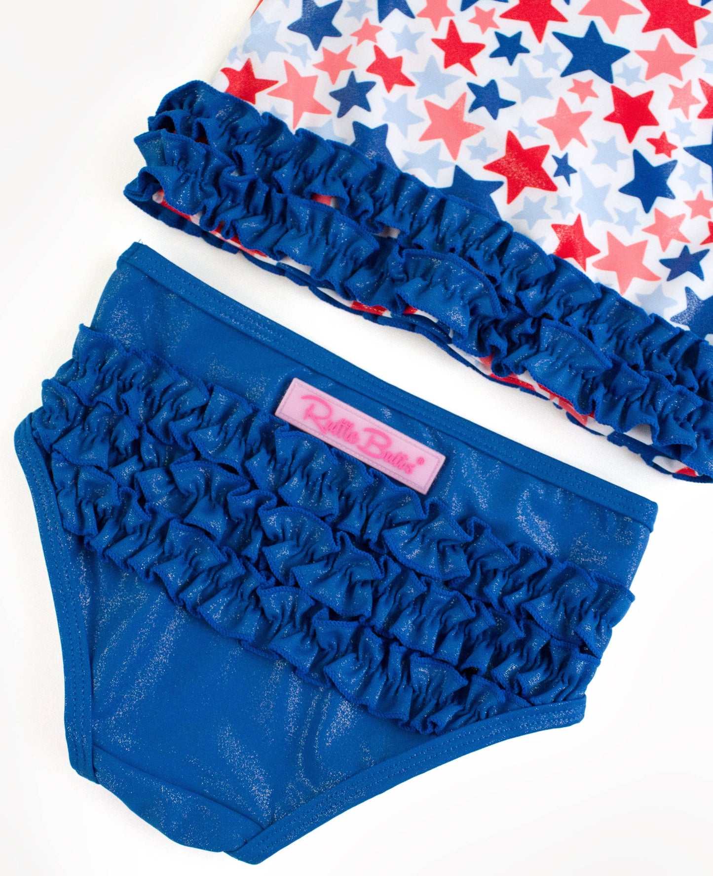 Girls Shimmer Star-Spangled Classic Short Sleeve Rash Guard 2-Piece Swimsuit with Signature Rear Ruffles