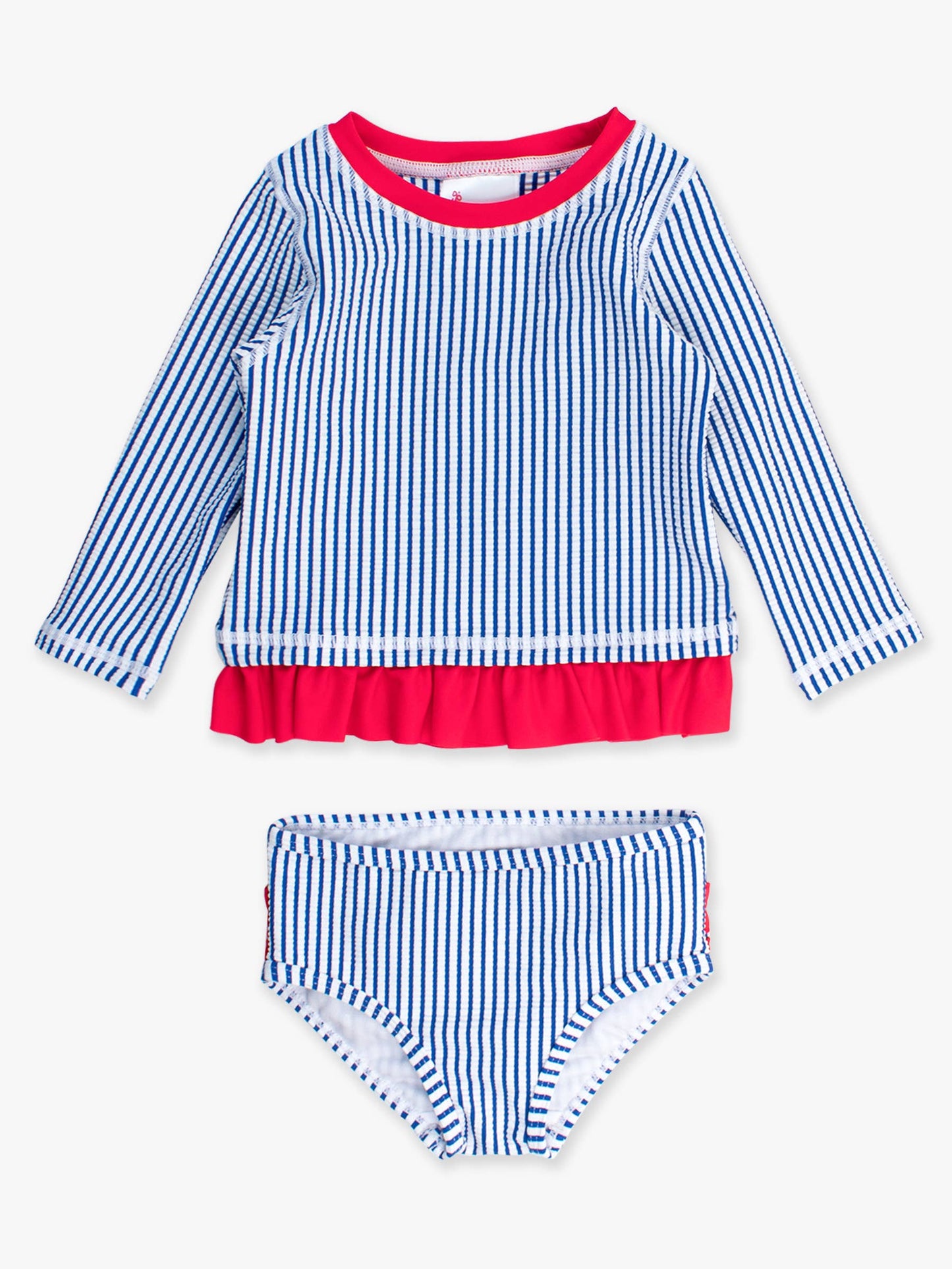 Girls Blue Seersucker Long Sleeve Rash Guard 2-Piece Swimsuit with Signature Rear Ruffles