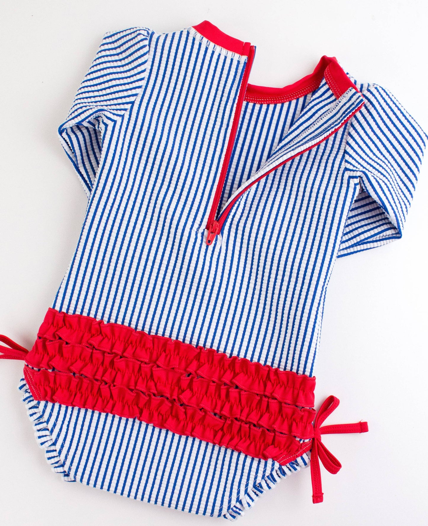 Baby Girls Blue Seersucker Long Sleeve One Piece Rash Guard Swimsuit with Signature Rear Ruffles