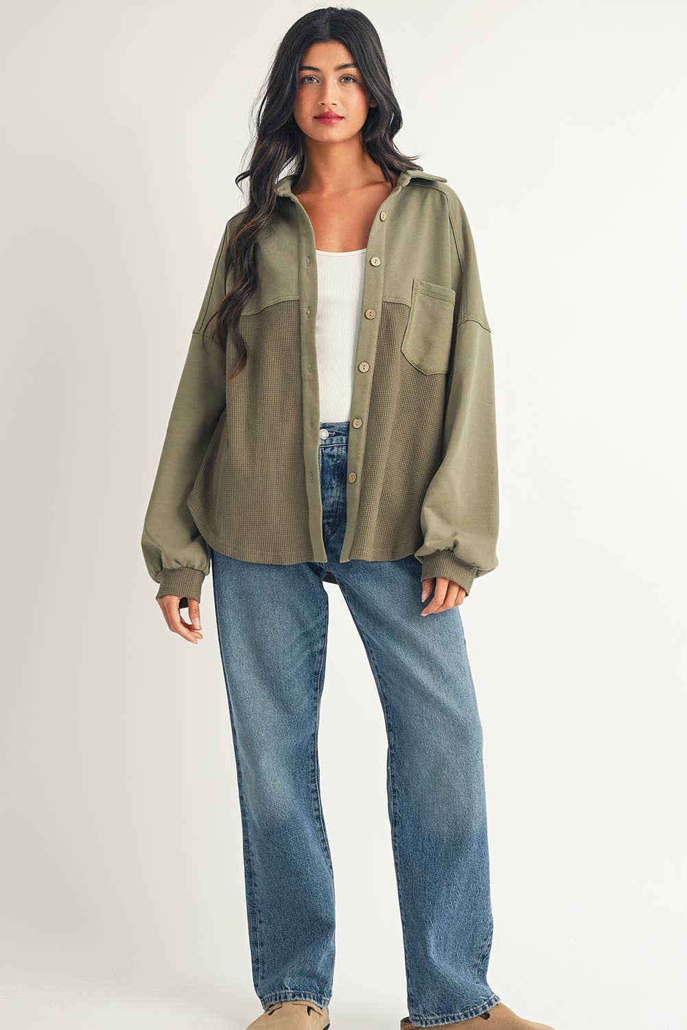 Waffle Knit Patchwork Buttoned Oversized Shacket