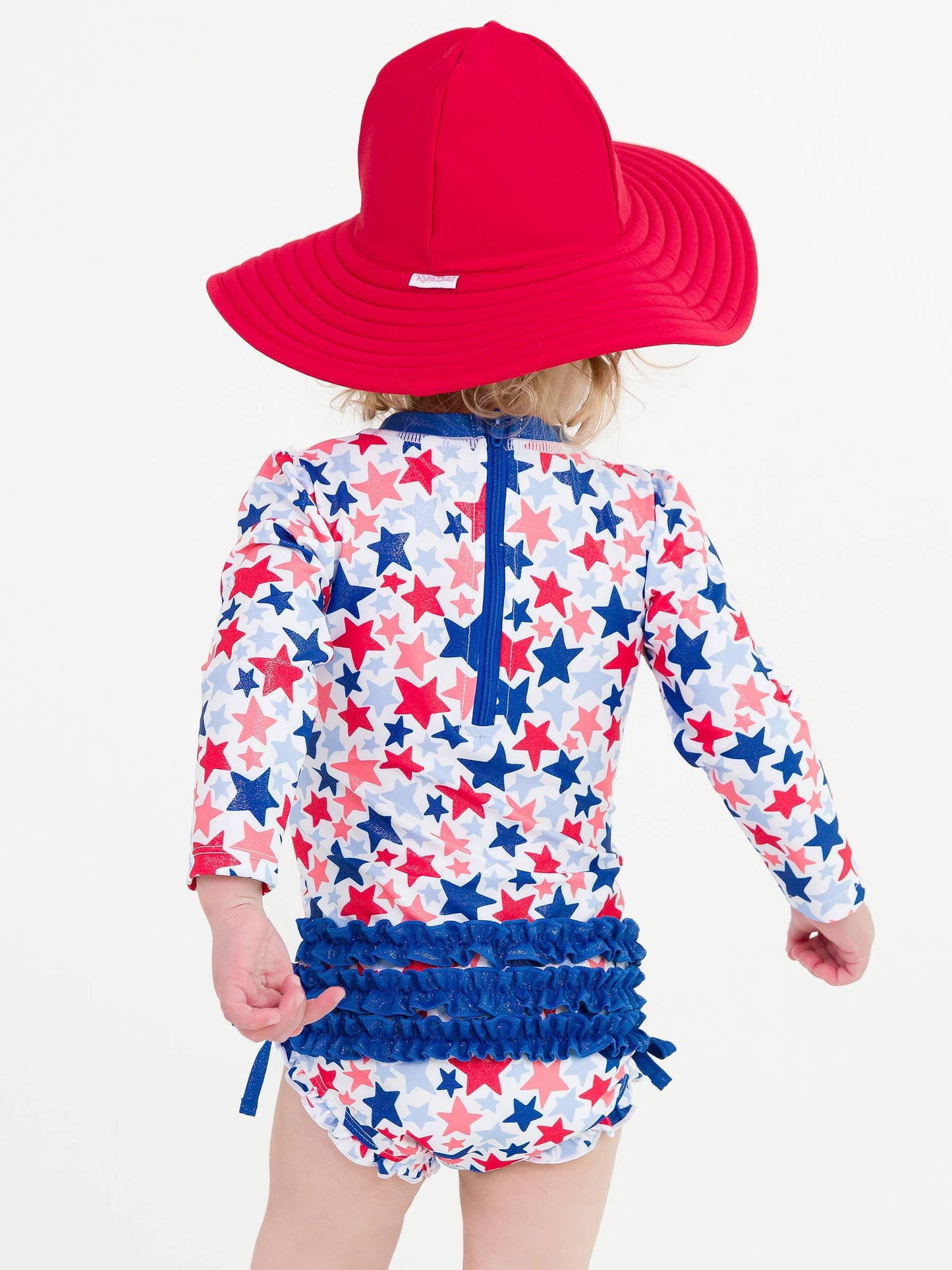 Baby Girls Shimmer Star-Spangled Long Sleeve One Piece Rash Guard Swimsuit with Signature Rear Ruffles