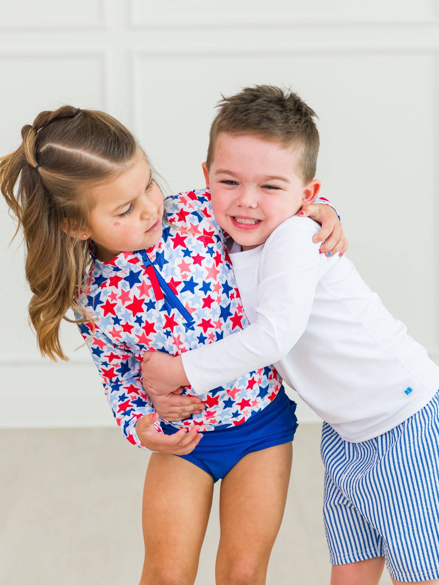 Girls Shimmer Star-Spangled Long Sleeve Zipper Rash Guard 2-Piece Swimsuit with Signature Rear Ruffles