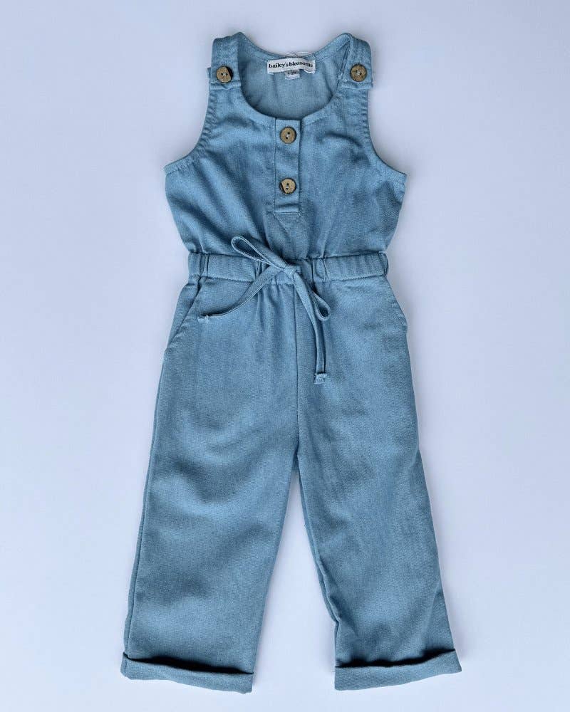 Button Front Denim Jumpsuit - Light Wash