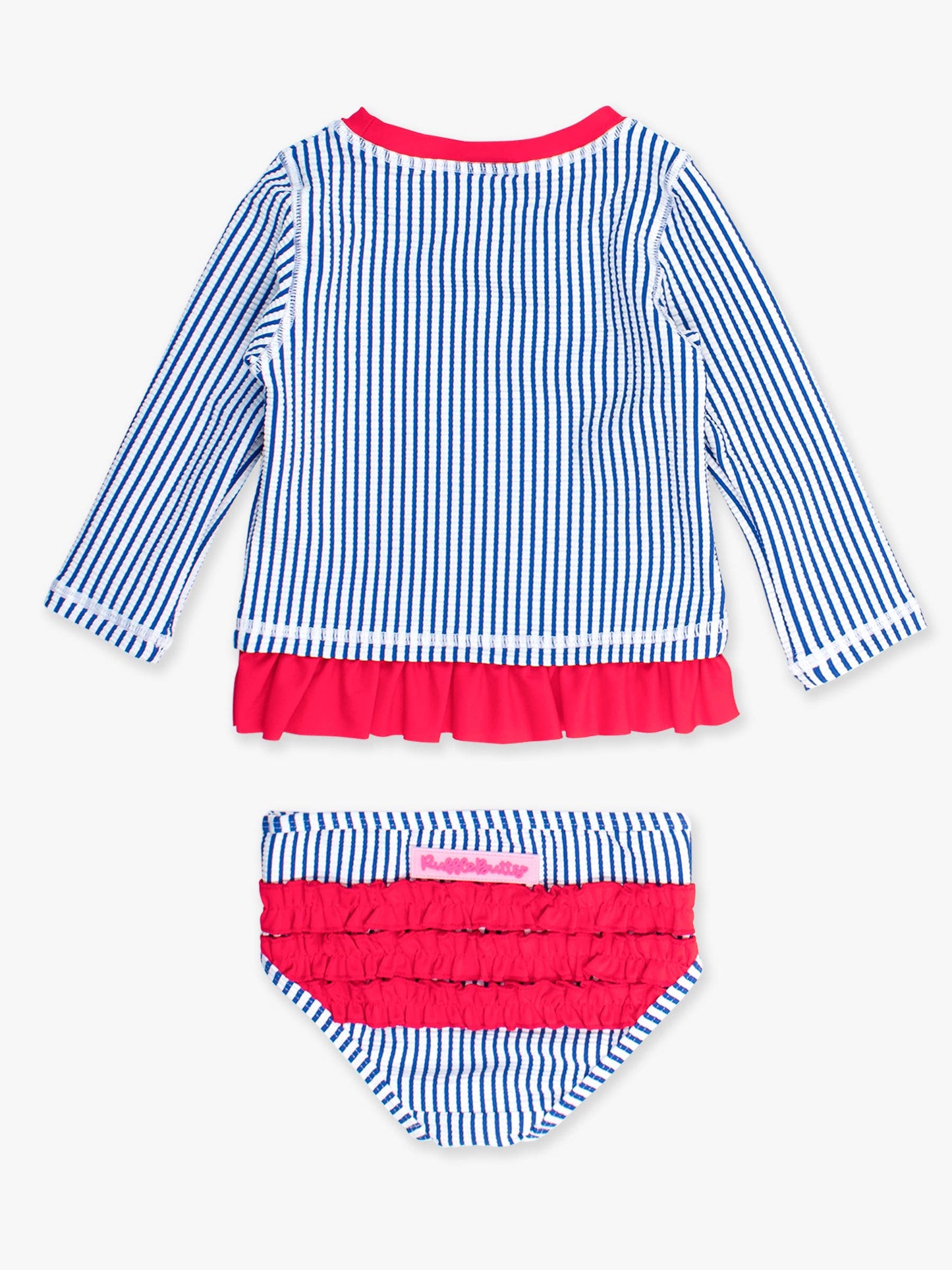 Girls Blue Seersucker Long Sleeve Rash Guard 2-Piece Swimsuit with Signature Rear Ruffles