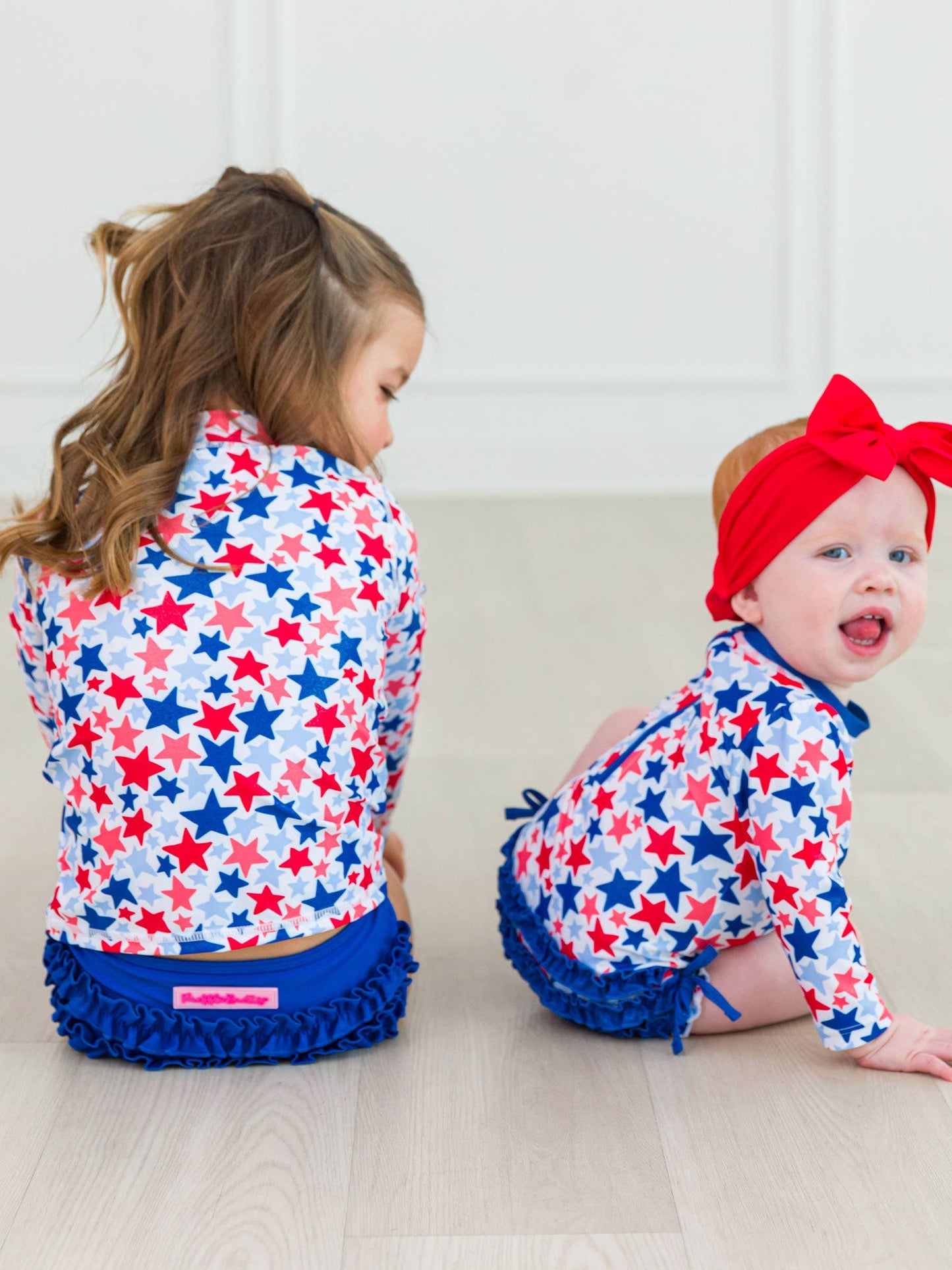 Girls Shimmer Star-Spangled Long Sleeve Zipper Rash Guard 2-Piece Swimsuit with Signature Rear Ruffles