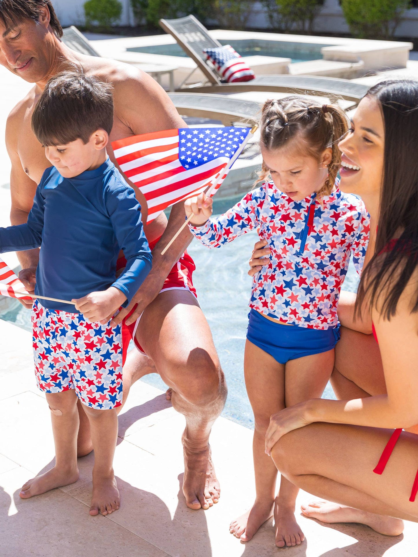 Girls Shimmer Star-Spangled Long Sleeve Zipper Rash Guard 2-Piece Swimsuit with Signature Rear Ruffles