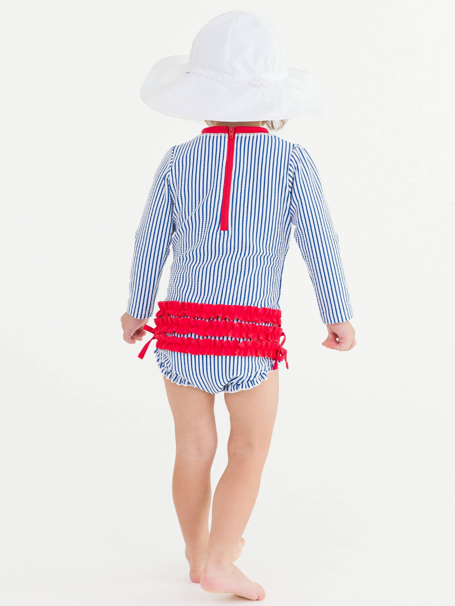Baby Girls Blue Seersucker Long Sleeve One Piece Rash Guard Swimsuit with Signature Rear Ruffles
