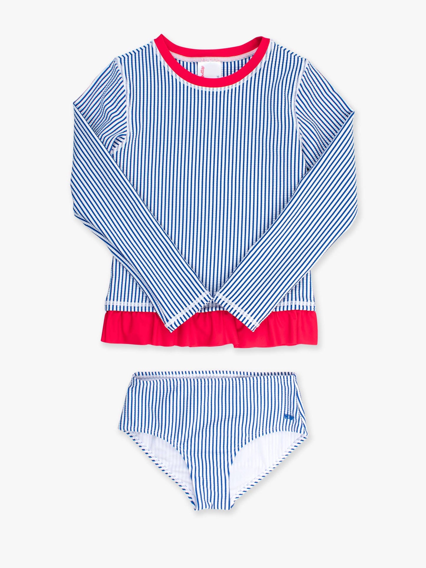 Tween Girls Blue Seersucker Long Sleeve Rash Guard 2-Piece Swimsuit