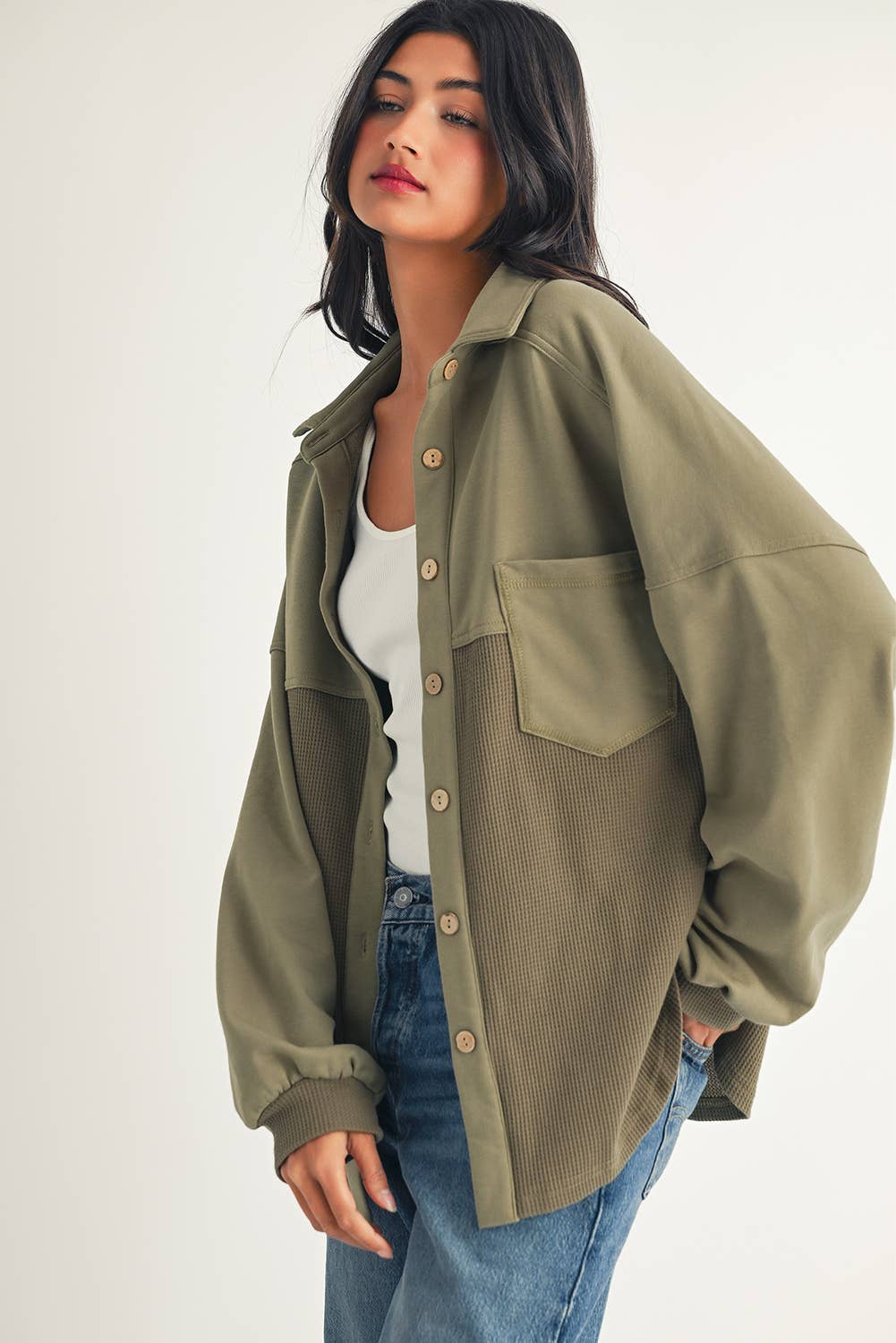 Waffle Knit Patchwork Buttoned Oversized Shacket