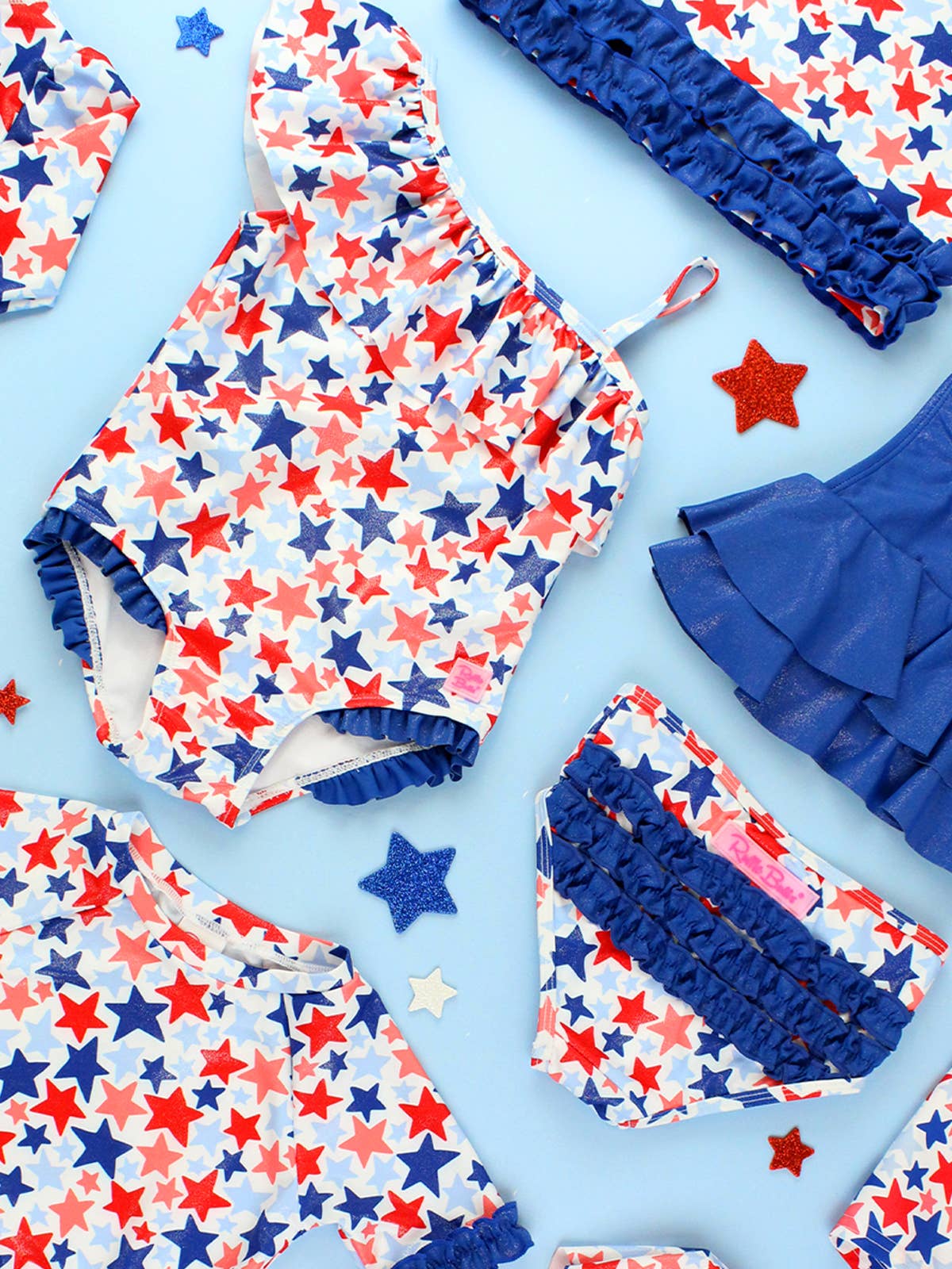 Girls Shimmer Star-Spangled Classic Short Sleeve Rash Guard 2-Piece Swimsuit with Signature Rear Ruffles