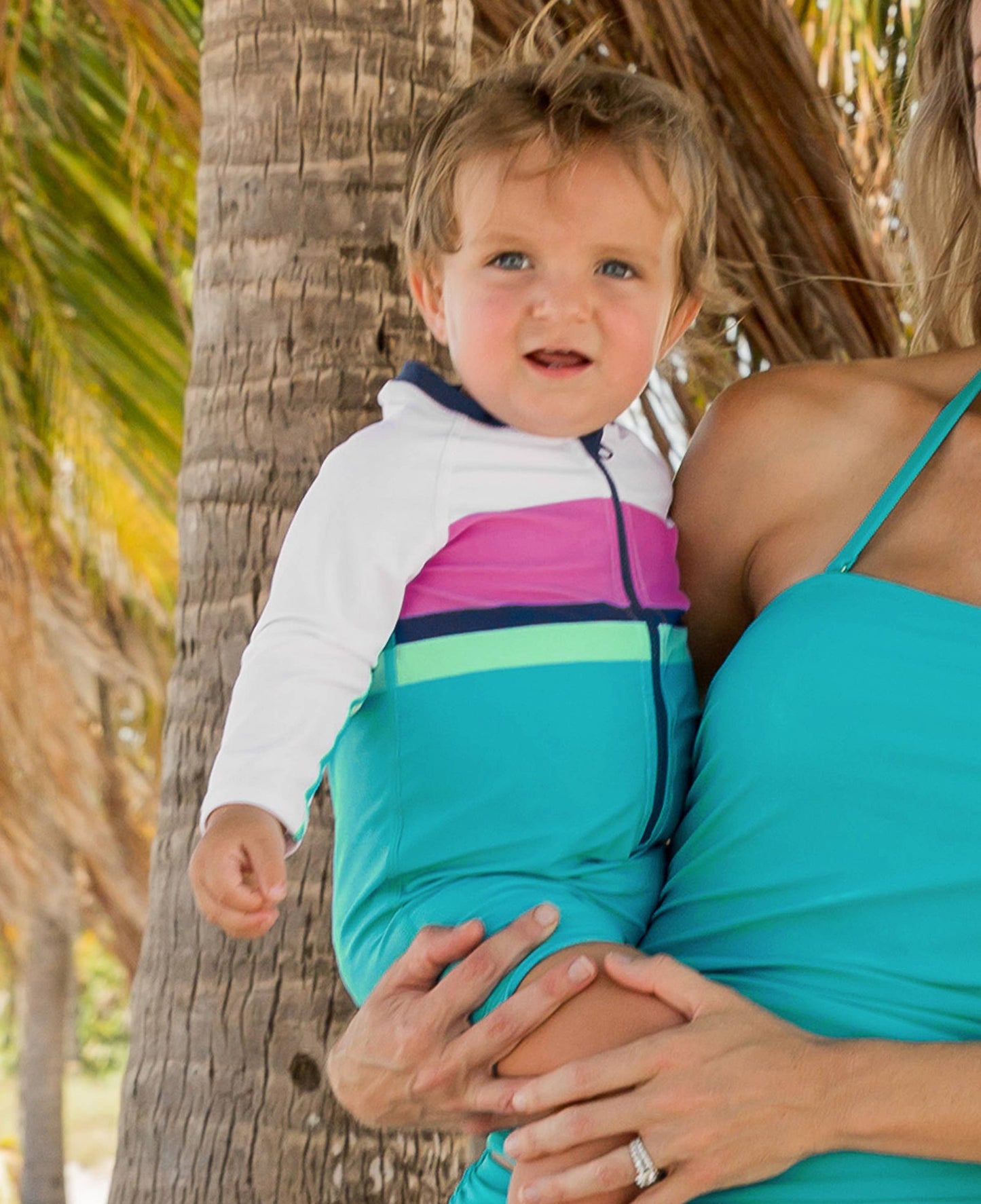 Baby Boys Aqua Color Block Long Sleeve One Piece Rash Guard