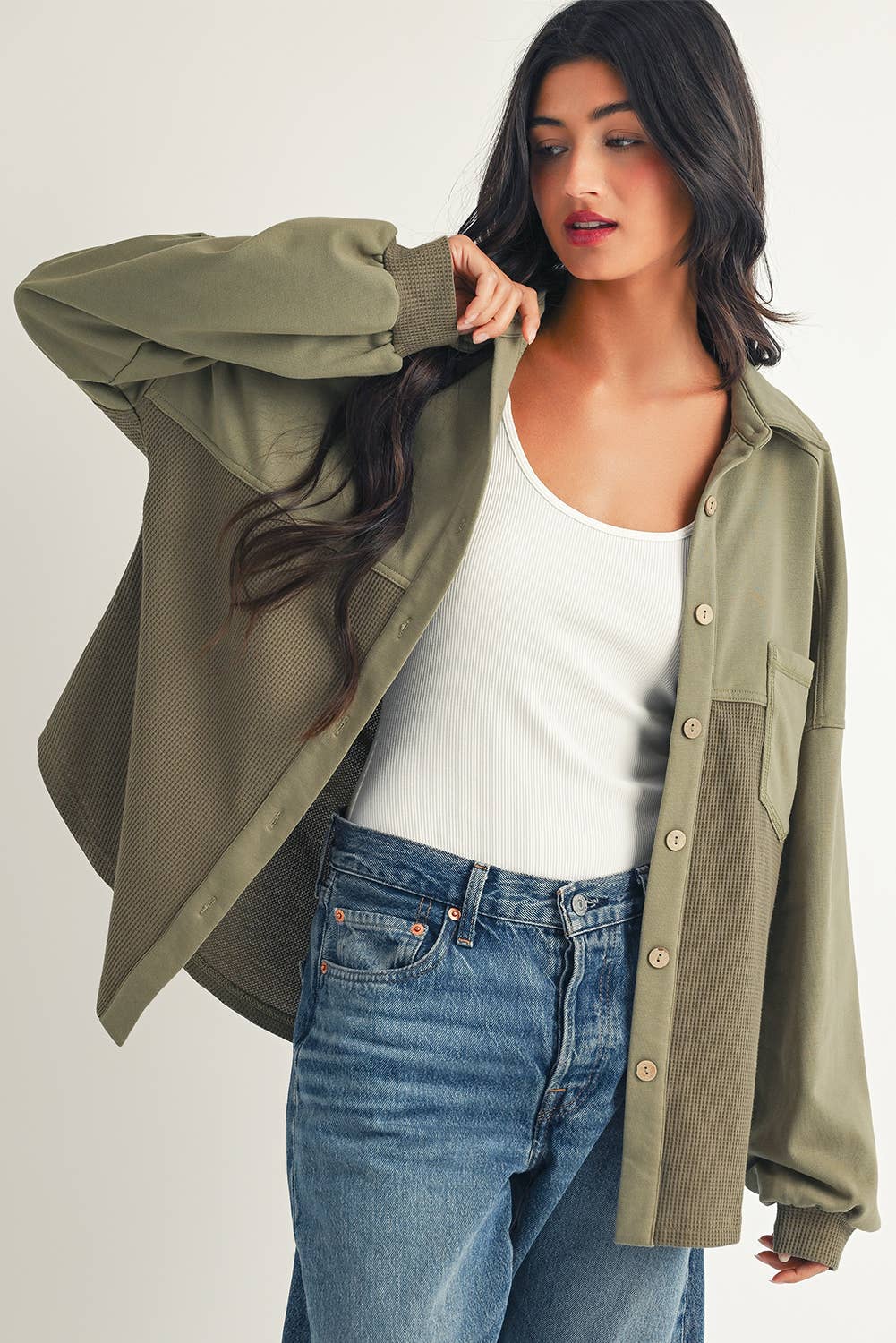 Waffle Knit Patchwork Buttoned Oversized Shacket