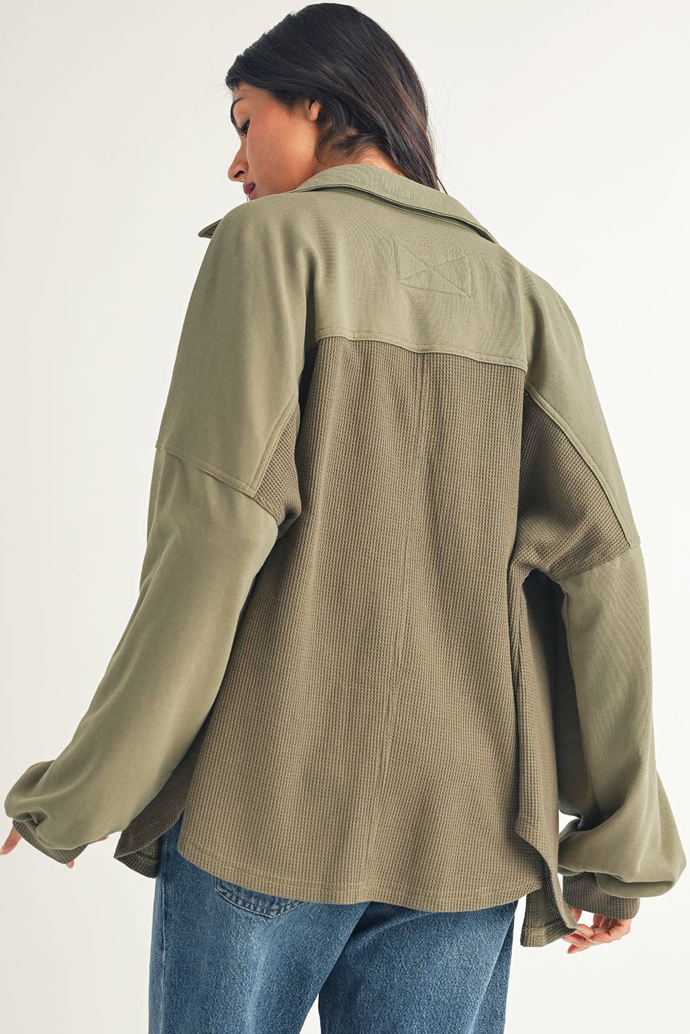 Waffle Knit Patchwork Buttoned Oversized Shacket