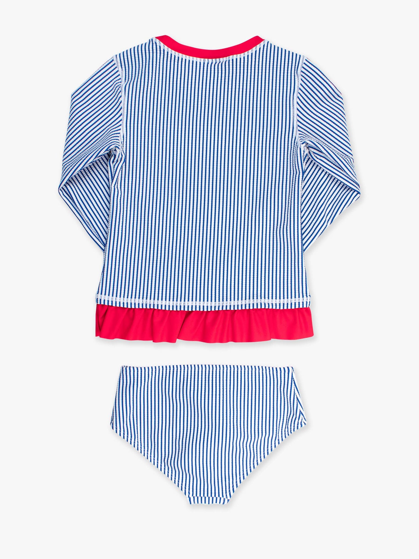 Tween Girls Blue Seersucker Long Sleeve Rash Guard 2-Piece Swimsuit