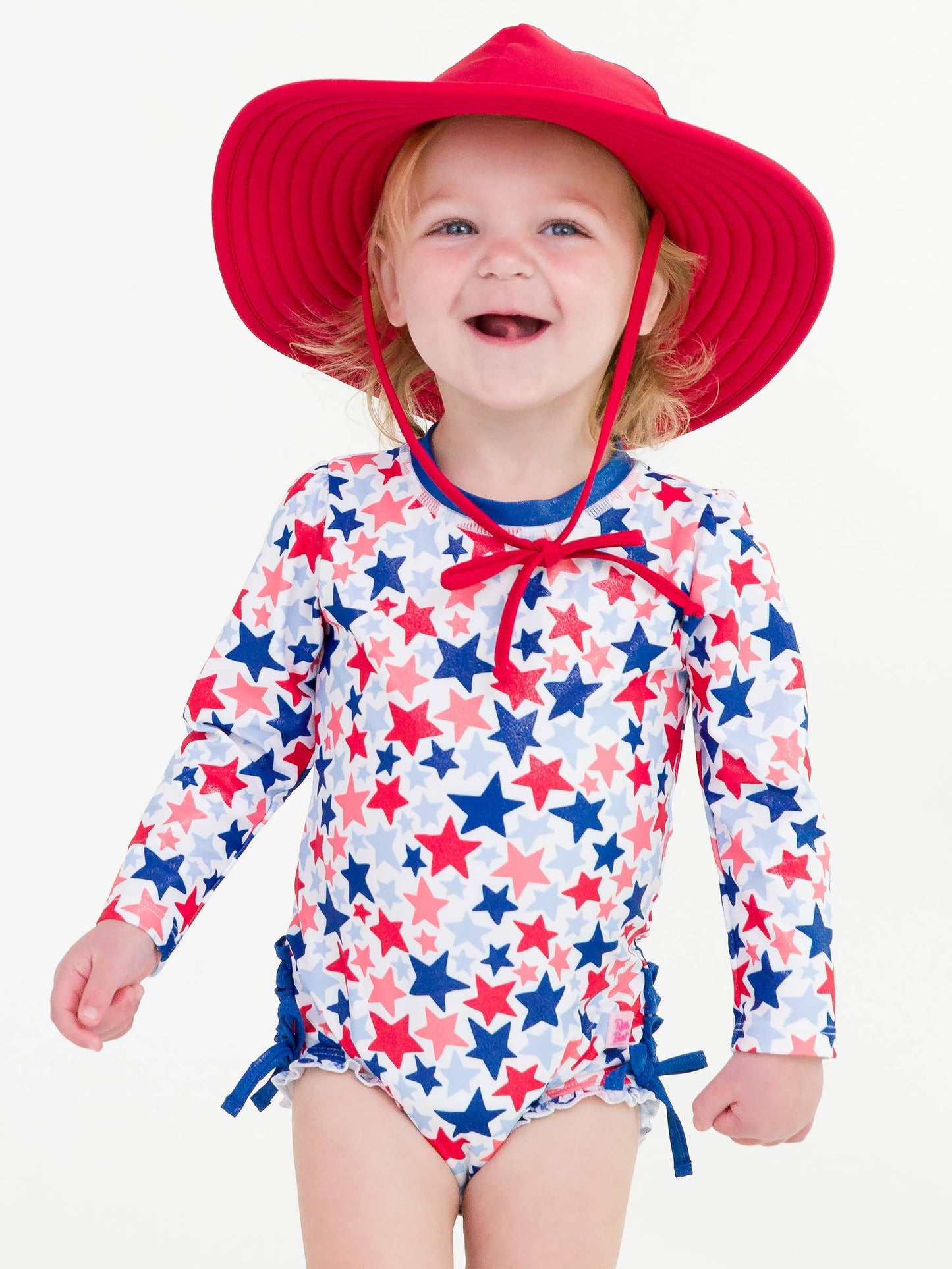 Baby Girls Shimmer Star-Spangled Long Sleeve One Piece Rash Guard Swimsuit with Signature Rear Ruffles