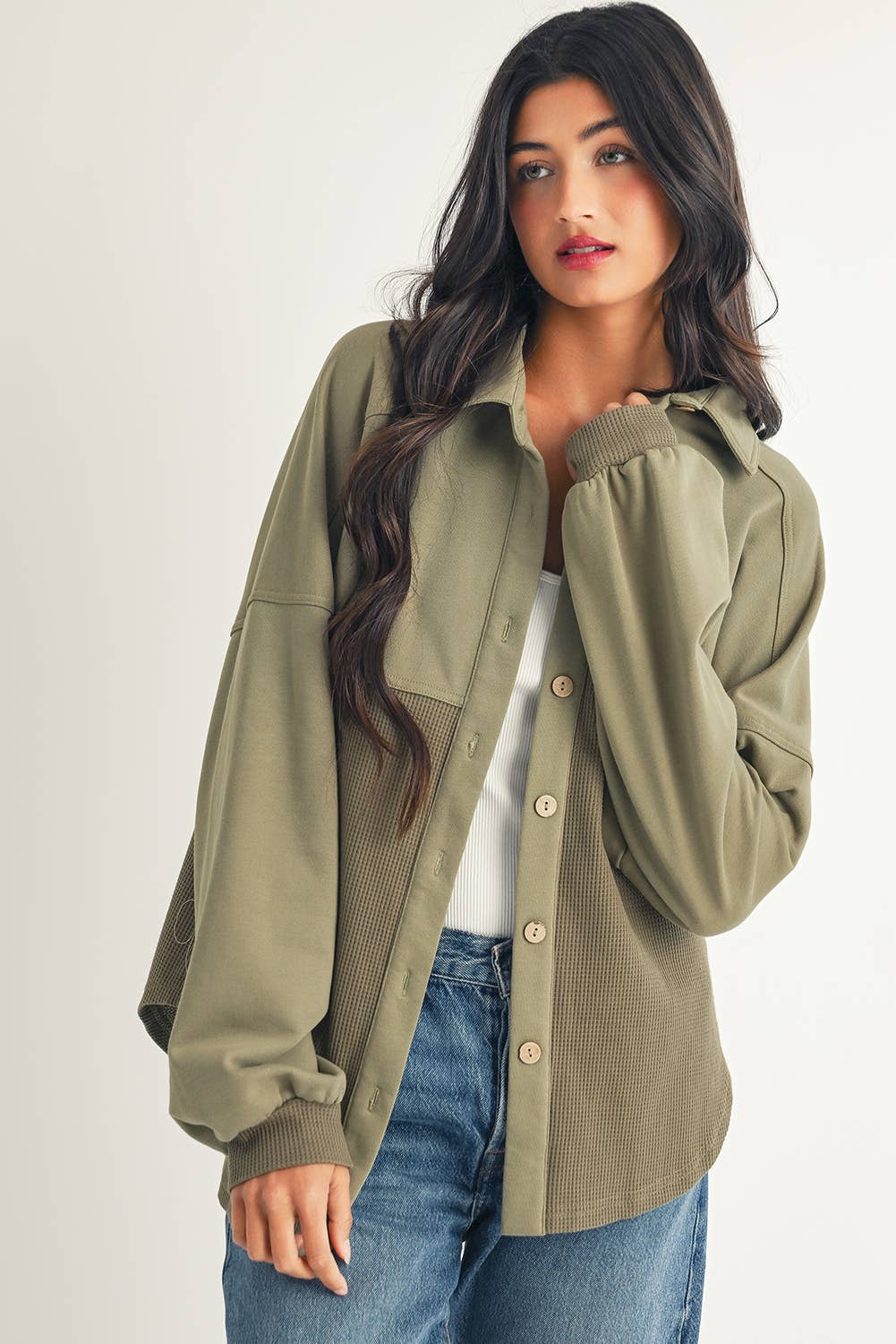 Waffle Knit Patchwork Buttoned Oversized Shacket