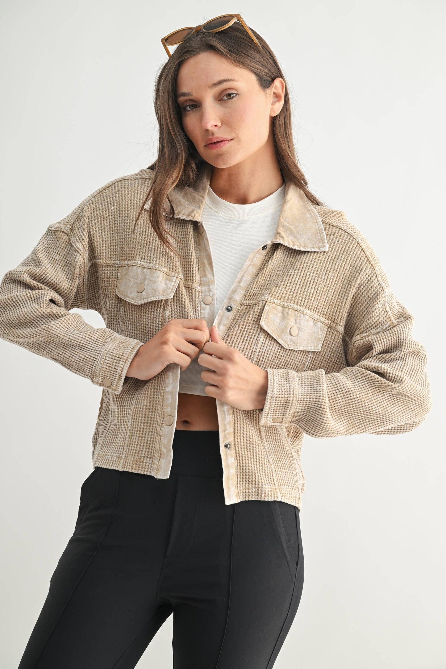 Waffle Knit Mineral-Washed Cropped Jacket