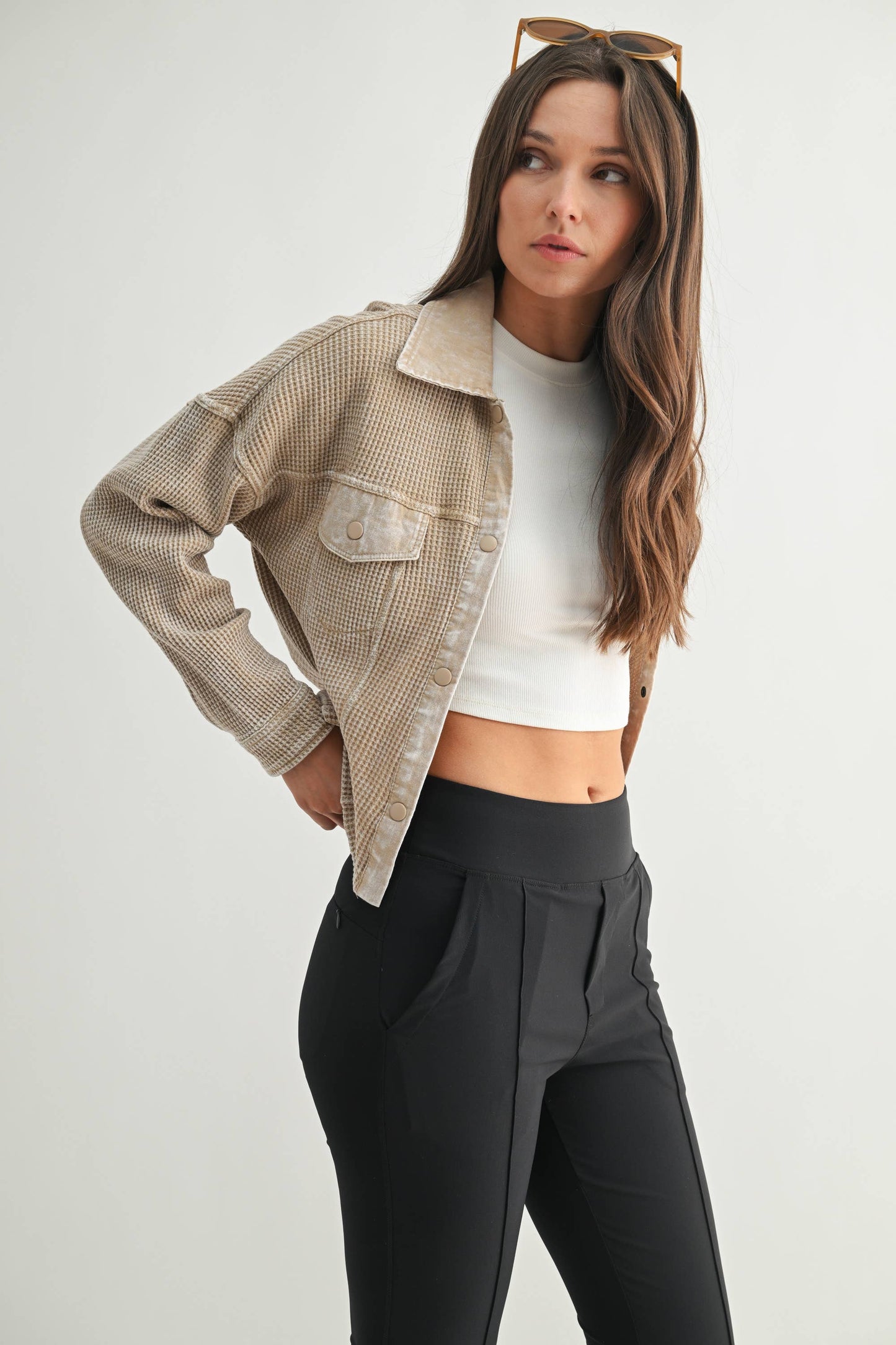 Waffle Knit Mineral-Washed Cropped Jacket