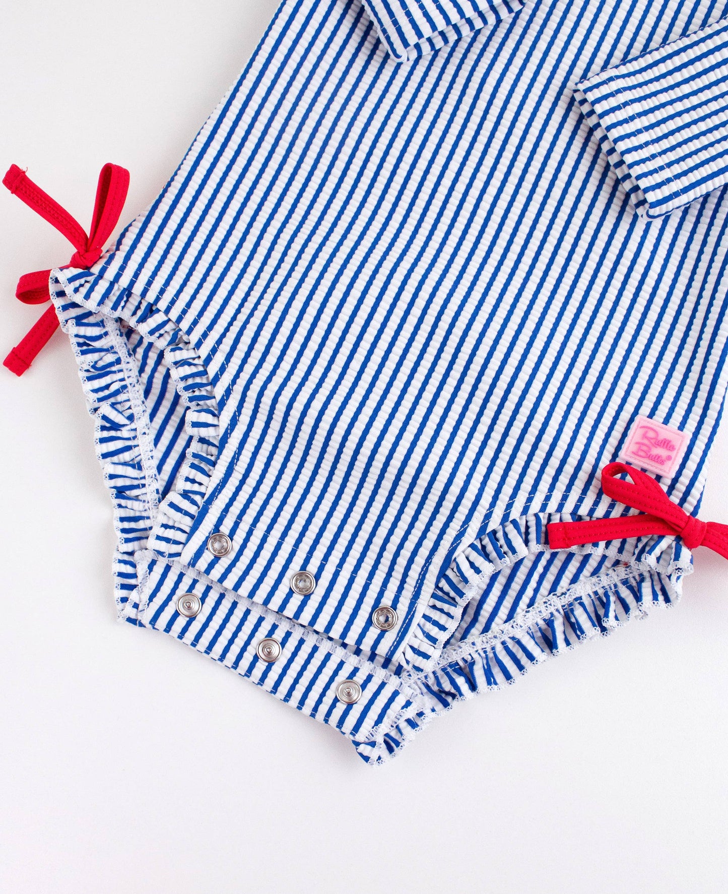 Baby Girls Blue Seersucker Long Sleeve One Piece Rash Guard Swimsuit with Signature Rear Ruffles