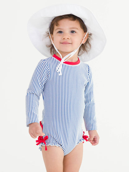 Baby Girls Blue Seersucker Long Sleeve One Piece Rash Guard Swimsuit with Signature Rear Ruffles