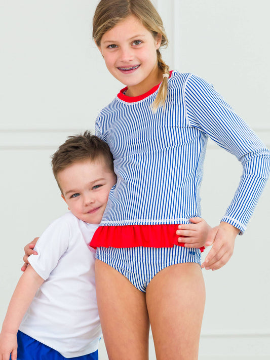Tween Girls Blue Seersucker Long Sleeve Rash Guard 2-Piece Swimsuit
