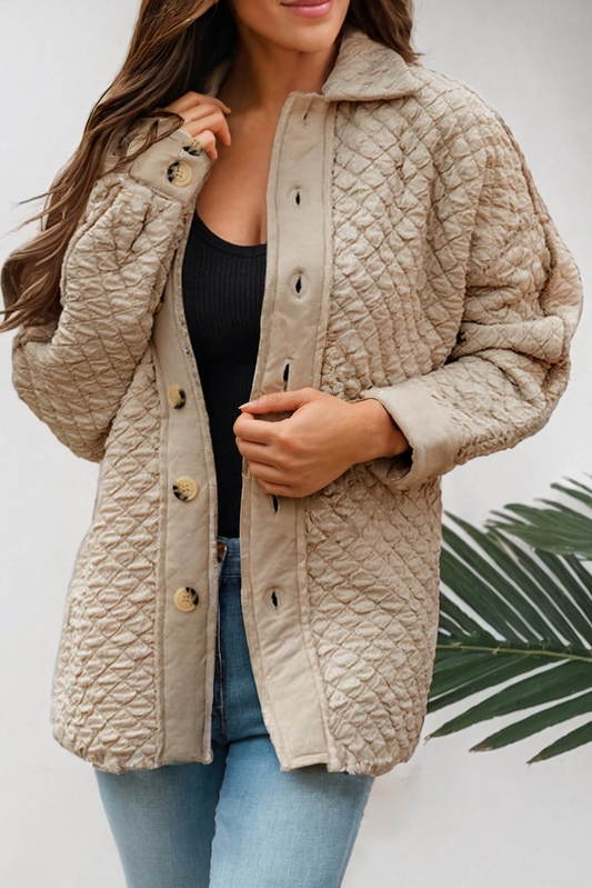 Quilted Puffer Raw Hem Collared Buttoned Shacket