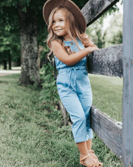 Button Front Denim Jumpsuit - Light Wash