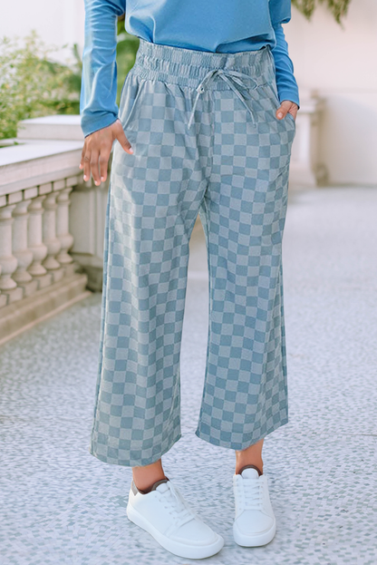 Tie Elastic Waist Checkered Loose Pants