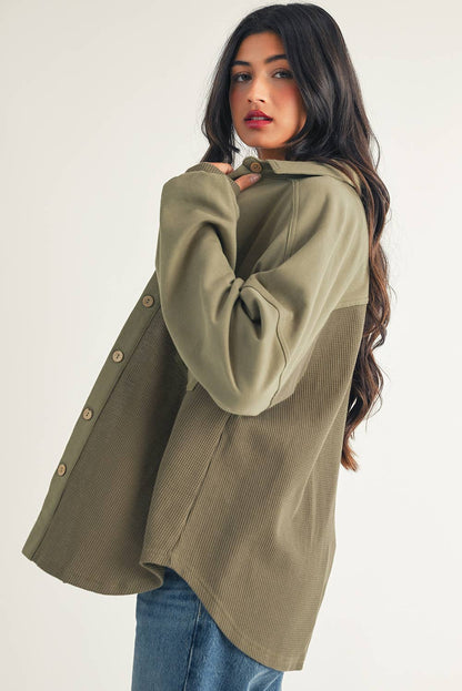 Waffle Knit Patchwork Buttoned Oversized Shacket