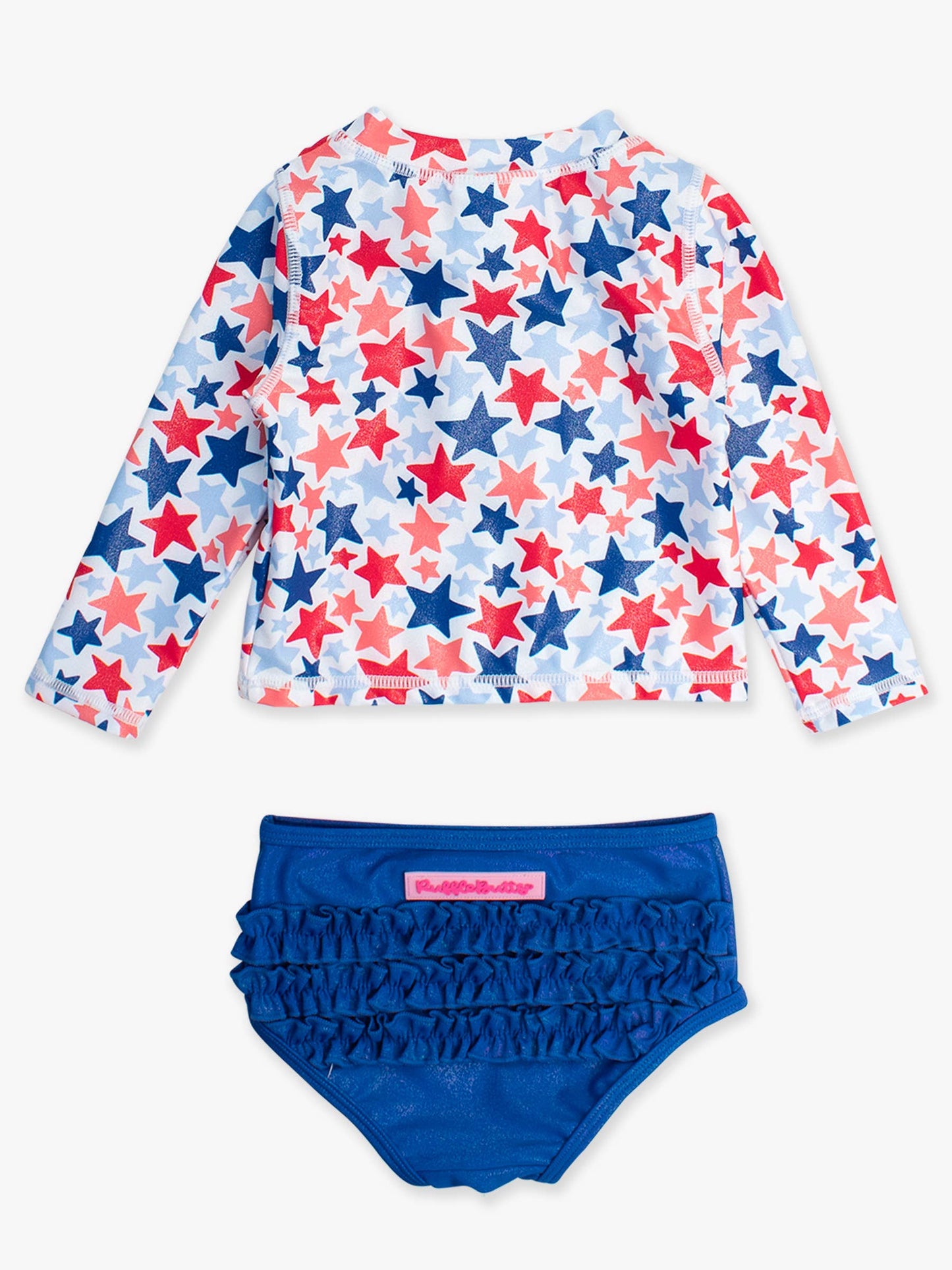 Girls Shimmer Star-Spangled Long Sleeve Zipper Rash Guard 2-Piece Swimsuit with Signature Rear Ruffles