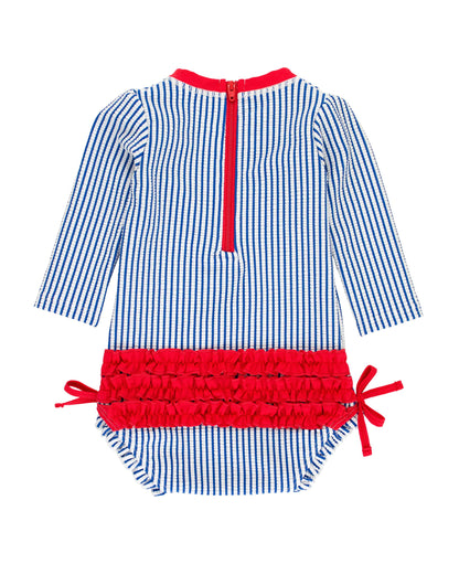 Baby Girls Blue Seersucker Long Sleeve One Piece Rash Guard Swimsuit with Signature Rear Ruffles