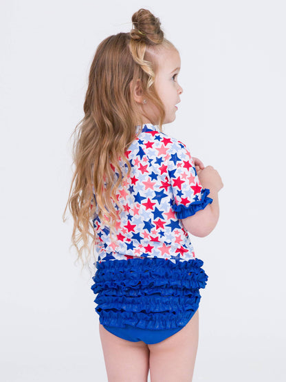 Girls Shimmer Star-Spangled Classic Short Sleeve Rash Guard 2-Piece Swimsuit with Signature Rear Ruffles