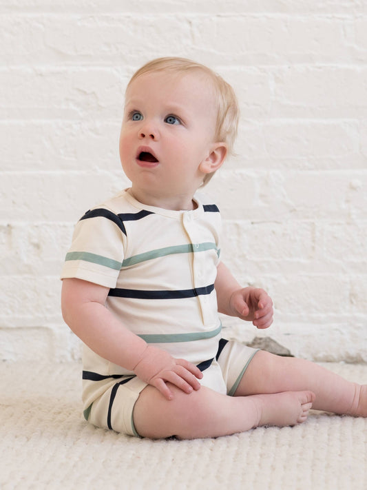 Organic Short Sleeve Romper - Aldo Stripe/Navy + Jade