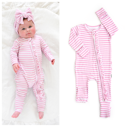 Lana Pink Ribbed RUFFLE ZIP Bamboo Baby Two Way Zipper