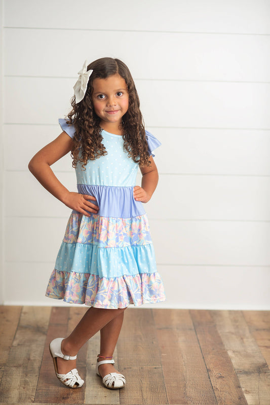 Kids Blue & Purple Polka Dot Floral Tiered Dress