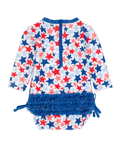 Baby Girls Shimmer Star-Spangled Long Sleeve One Piece Rash Guard Swimsuit with Signature Rear Ruffles